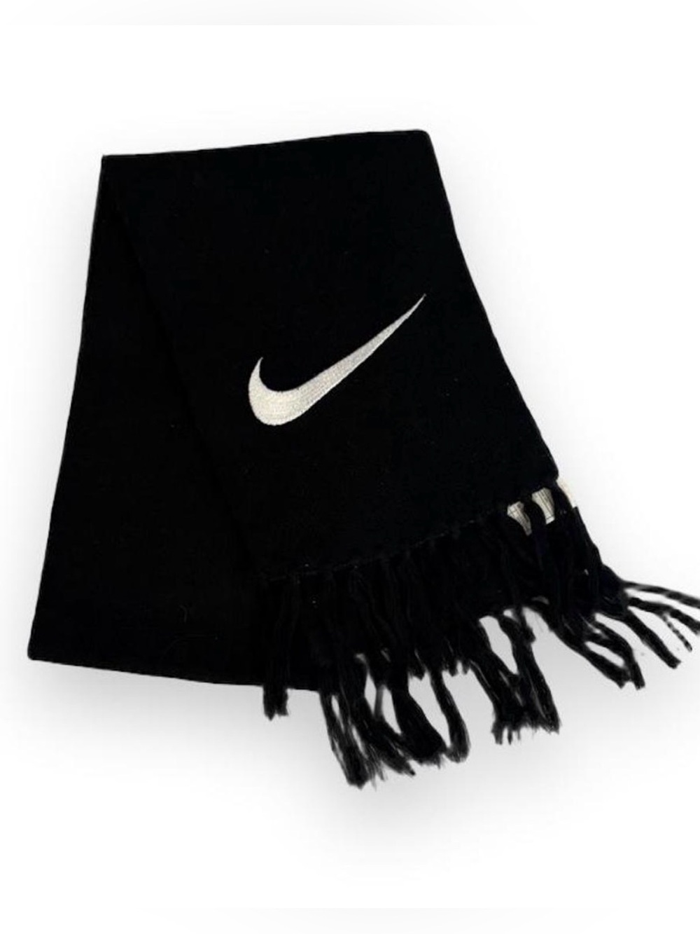 Nike Black Scarf with White Swoosh and Fringe Detail